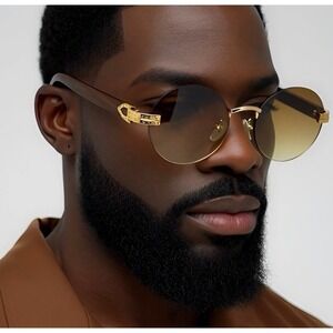 Rimless Sunglasses Men Round Gold Accents Brown Lens Wood Grain Arms Fashion New